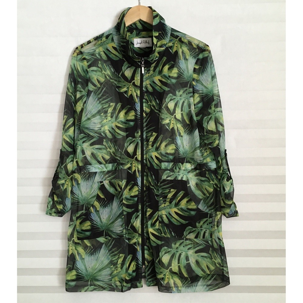 Joseph Ribkoff Women Green Swimsuit Cover Up Full Zip‎ Tab Sleeve Mesh Leaf